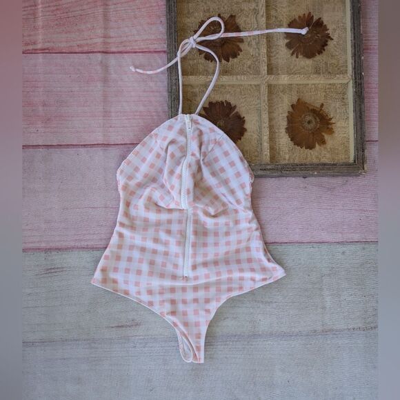 For Love and Lemons Pink Bonnie Zip‎ One Piece Gingham Swimsuit Halter Small - Picture 6 of 11